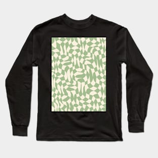 Green and Cream Distorted Warped Checkerboard Pattern IV Long Sleeve T-Shirt